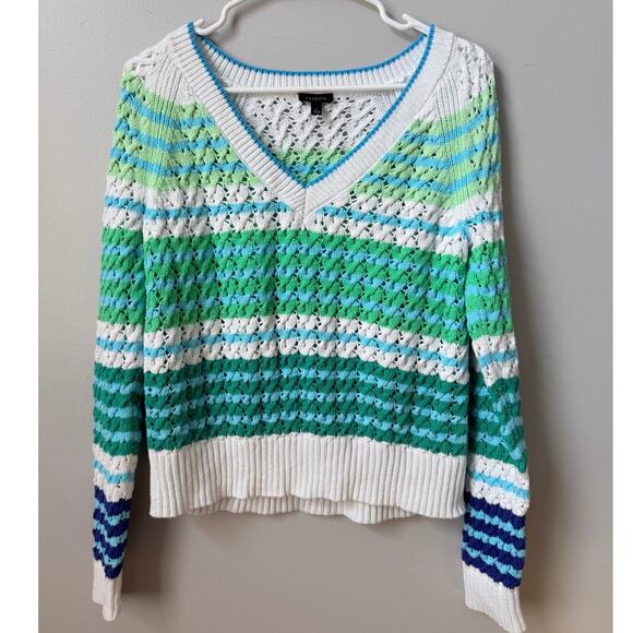 Talbots Sweaters - Talbots Cotton Pointelle Open Knit Striped Sweater Women's Small S Blue Green